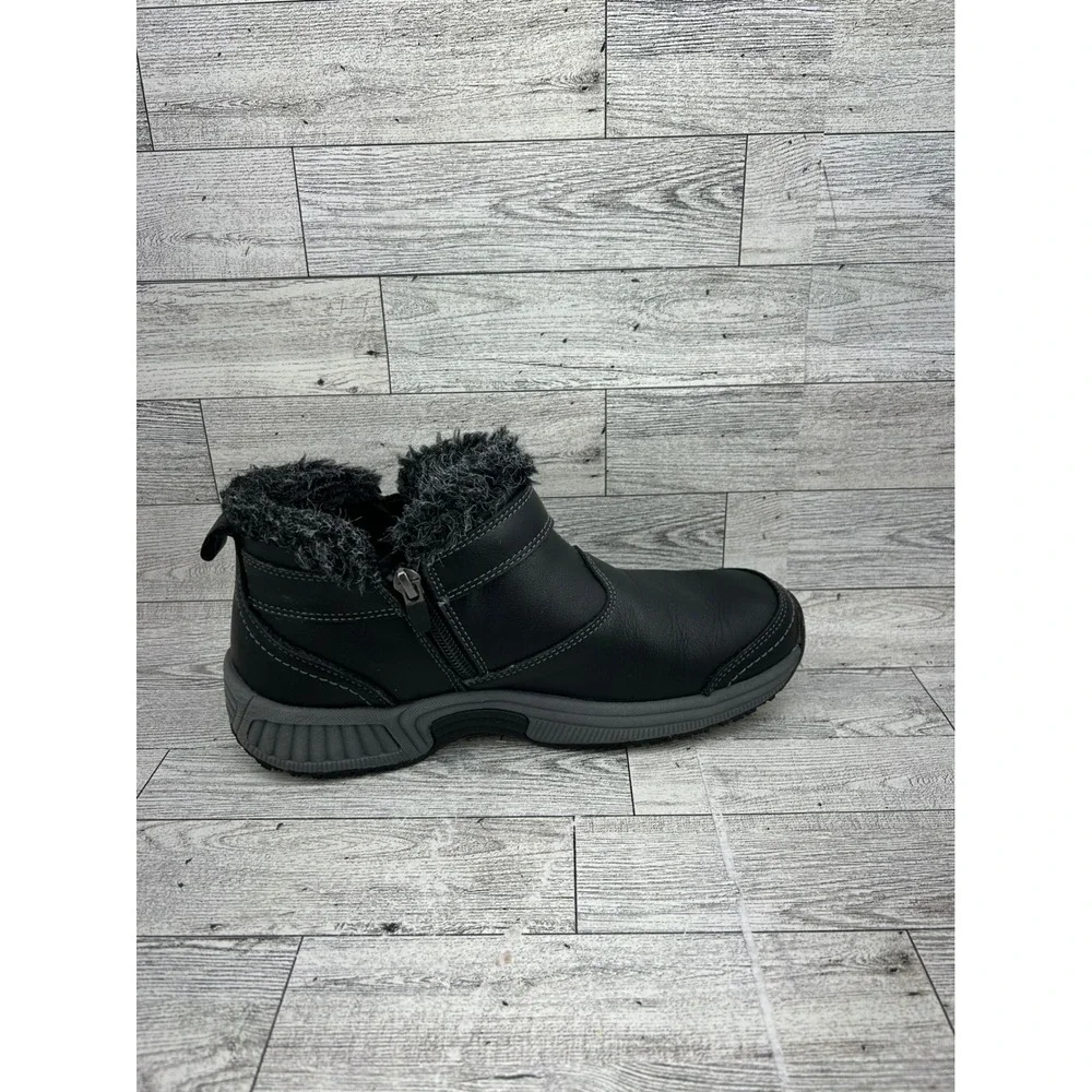 Orthofeet 793 Black Leather‎ Faux Fur Trim Orthopedic Ankle Boots Men 7B EU 37.5